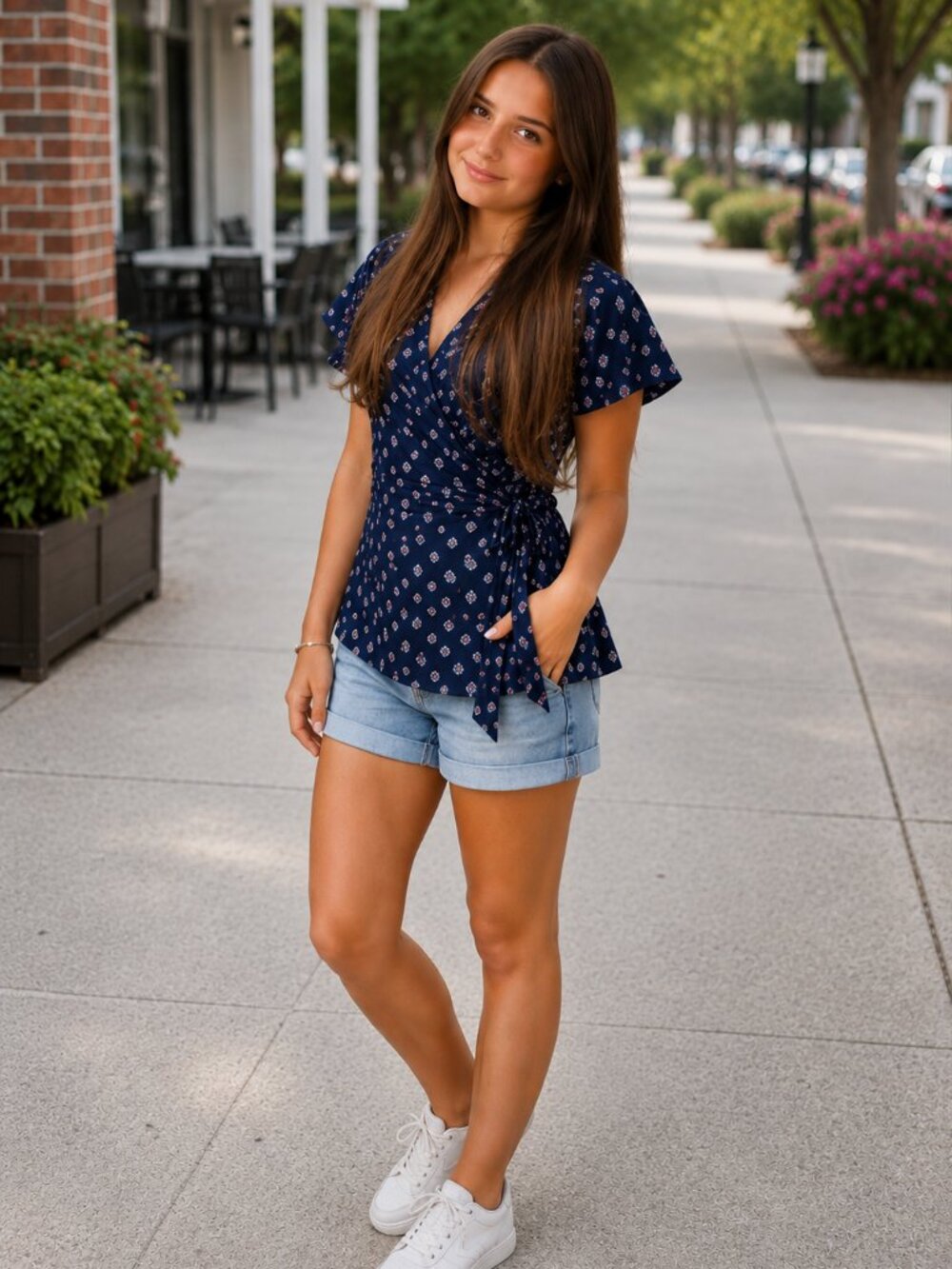 The Limited Wrap Blouse Navy Medallion Print Side Tie V-Neck Top S
